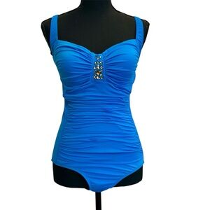 Jantzen bright blue ruched sweetheart neckline gem embellish one piece swimsuit